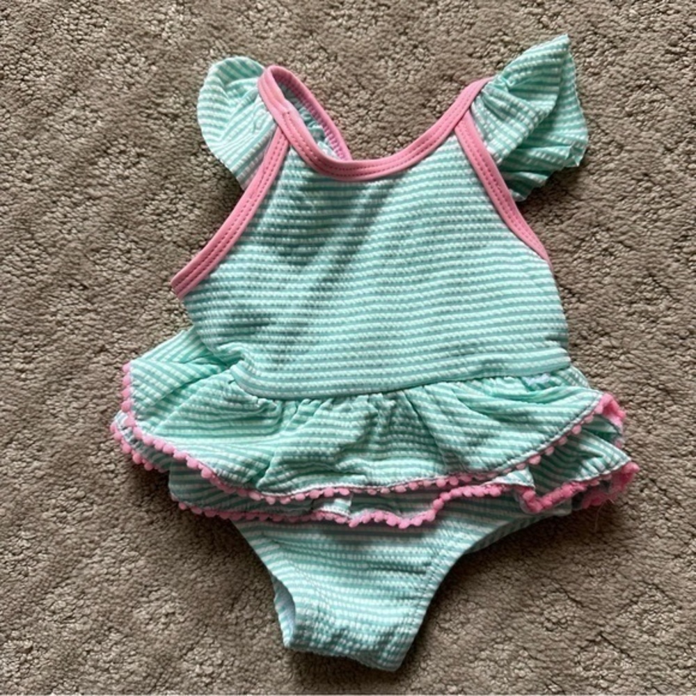 NFS.  Dillards baby girl adorable swimsuit seersucker and ruffles size 3 months
